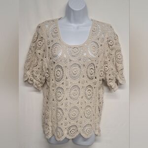 Solitaire L Short Sleeve Top Lace Oatmeal Elastic Sleeve Ends Scalloped